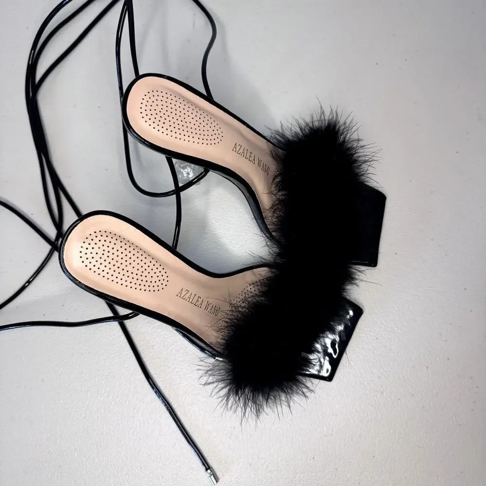 Azalea Wang Warwick Feather Heels Black Women's Size 6.5 EUC - Picture 4 of 5